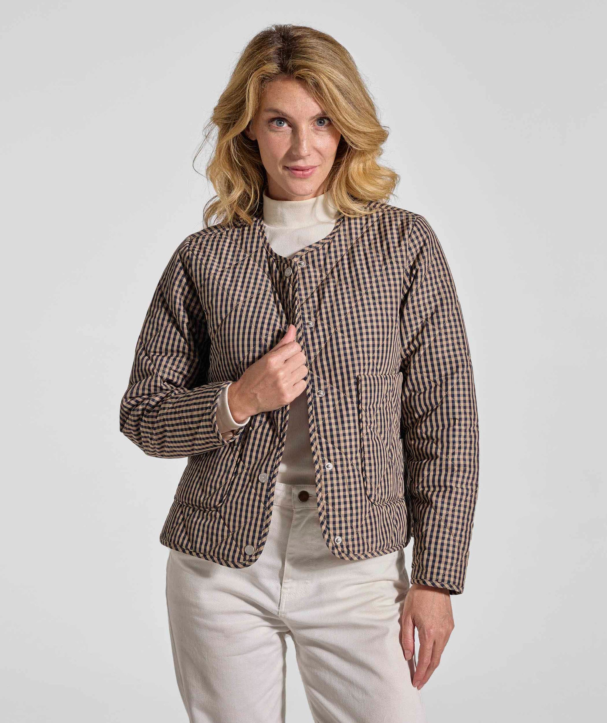 Ladies Check Quilted Jacket - Navy & Stone