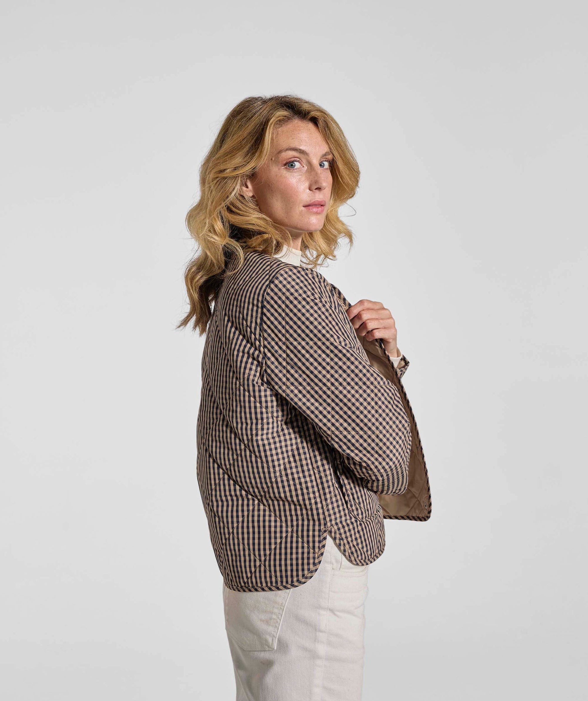 Ladies Check Quilted Jacket - Navy & Stone