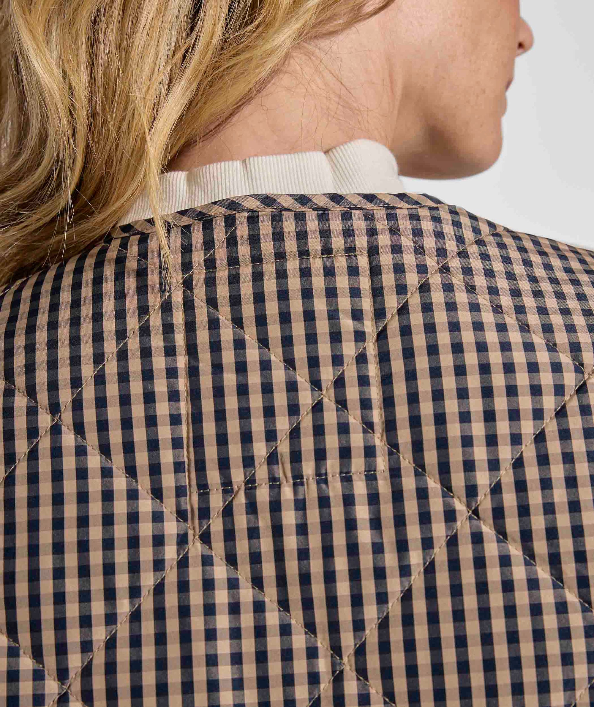 Ladies Check Quilted Jacket - Navy & Stone