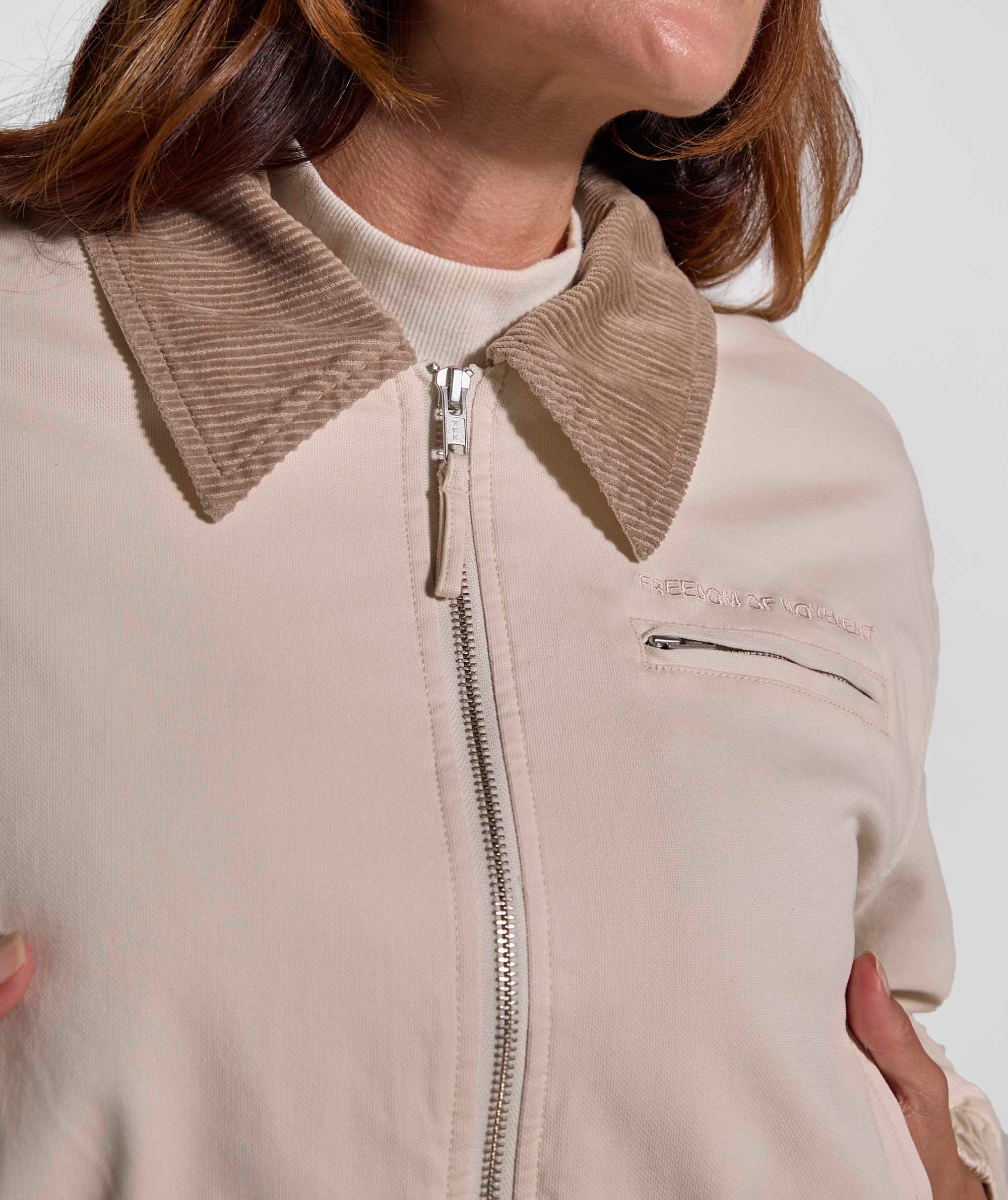 Ladies Cord Collar Bomber Jacket - Stone