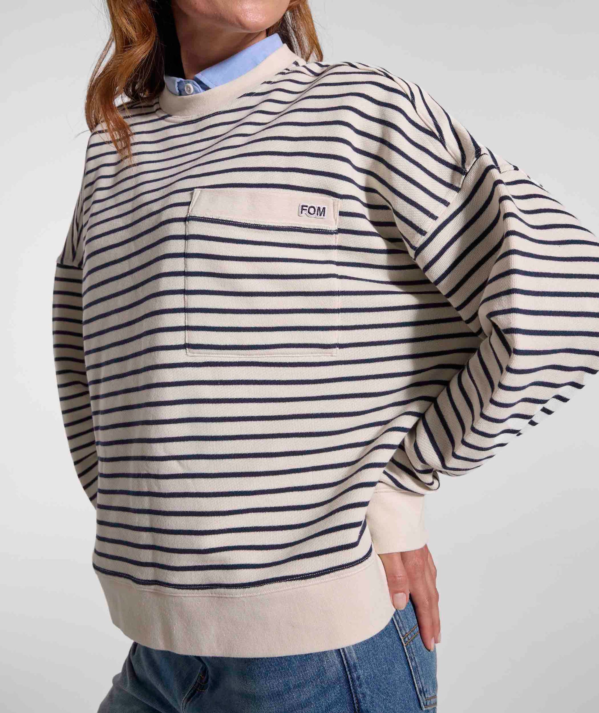 Ladies Pocket Stripe Sweater - Ivory & Navy