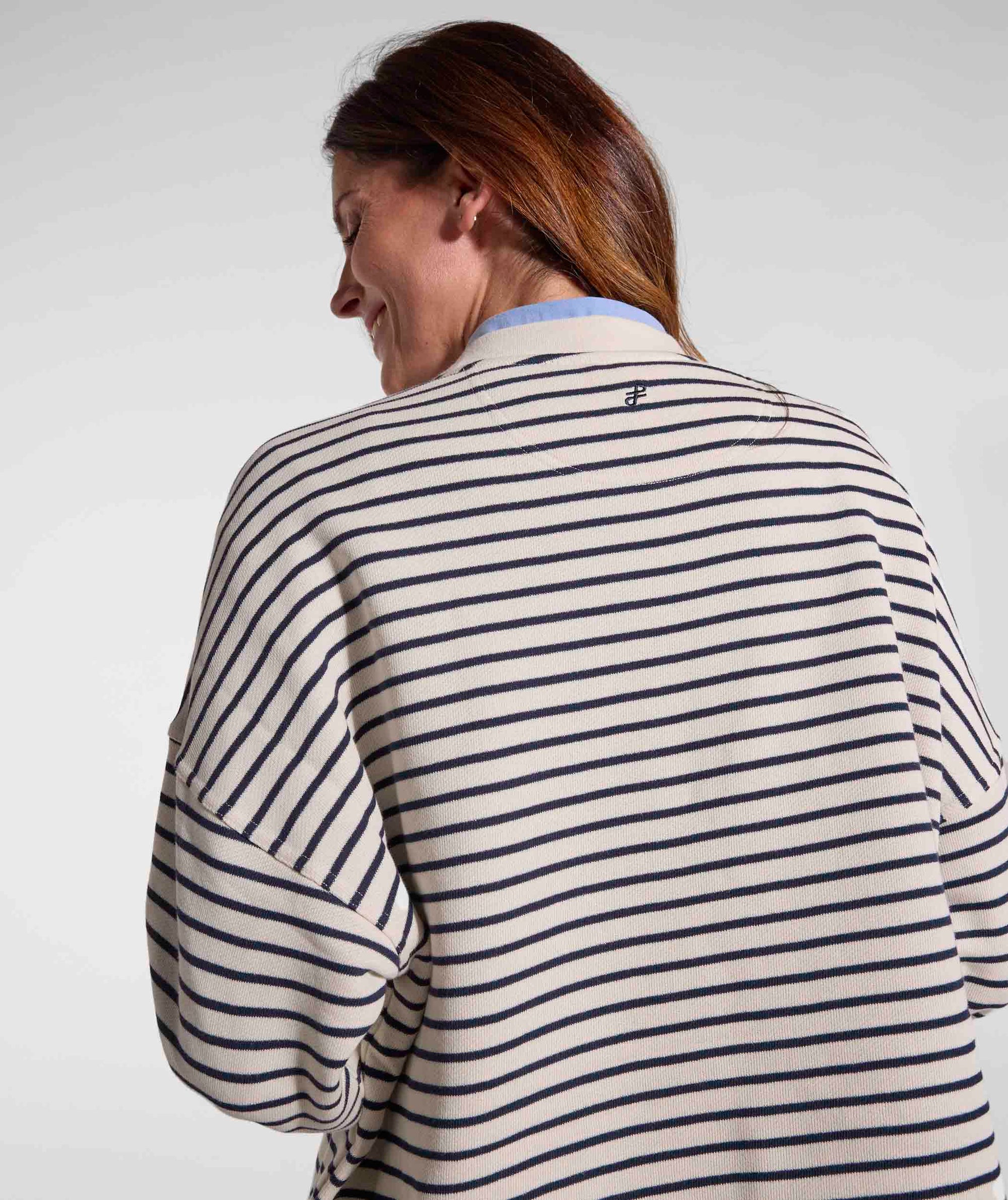 Ladies Pocket Stripe Sweater - Ivory & Navy