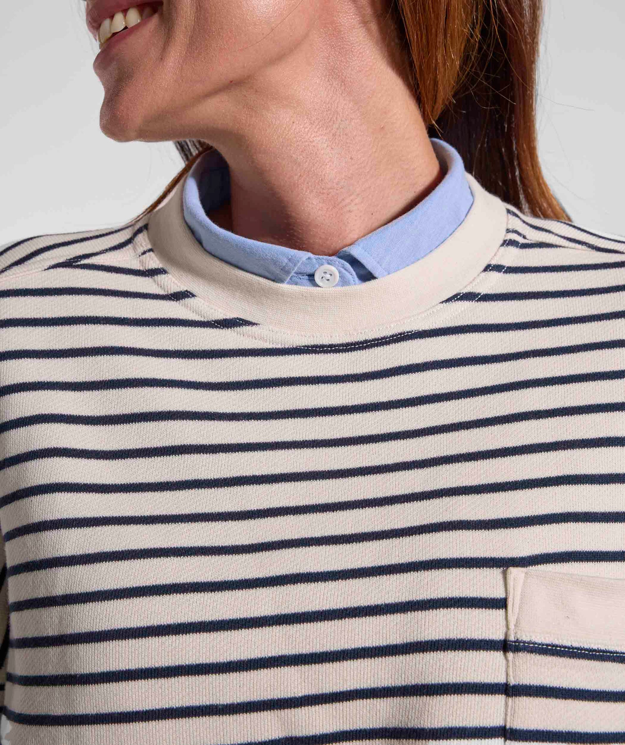 Ladies Pocket Stripe Sweater - Ivory & Navy