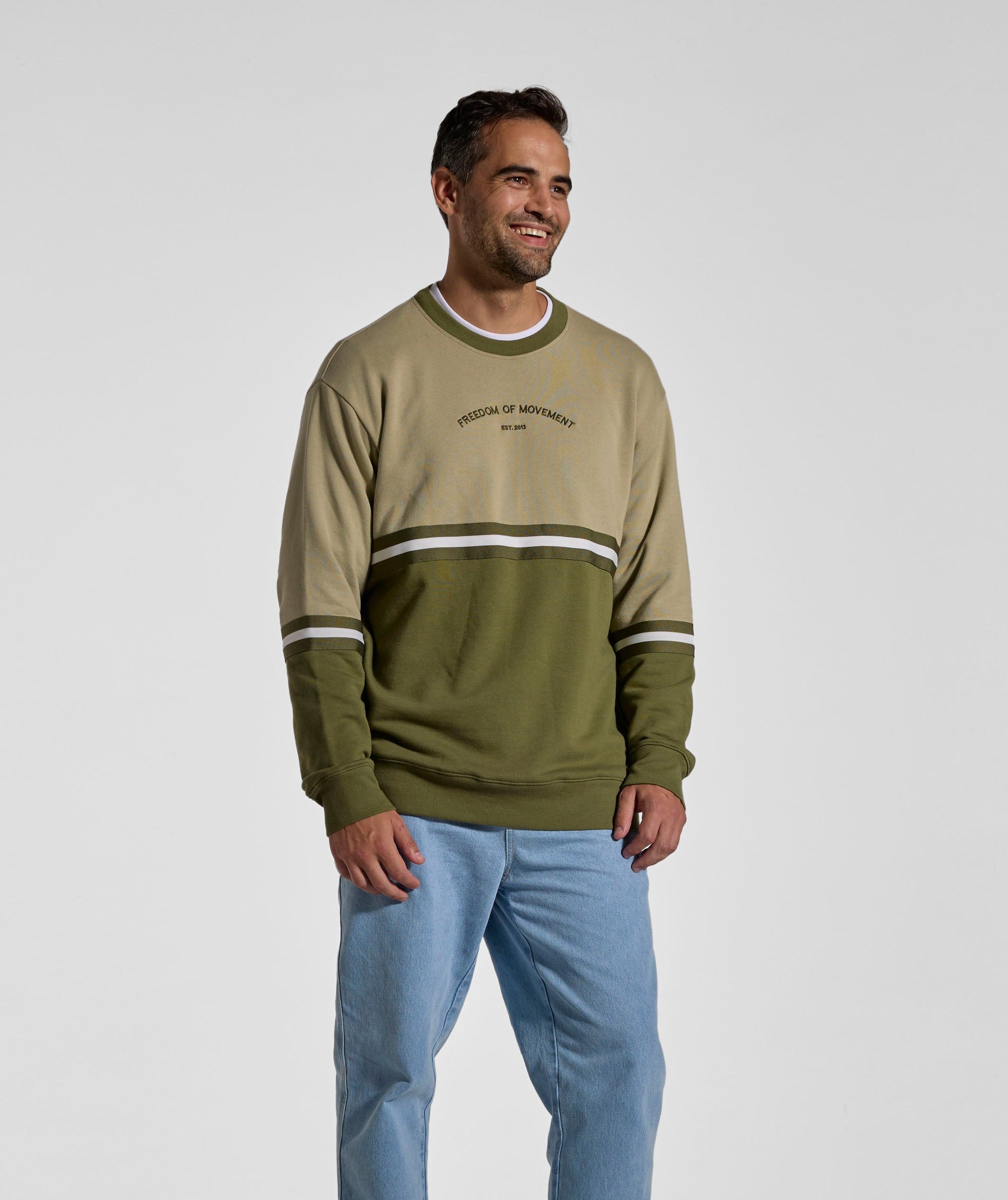 Mens Colour Block Crew Neck Sweater - Olive